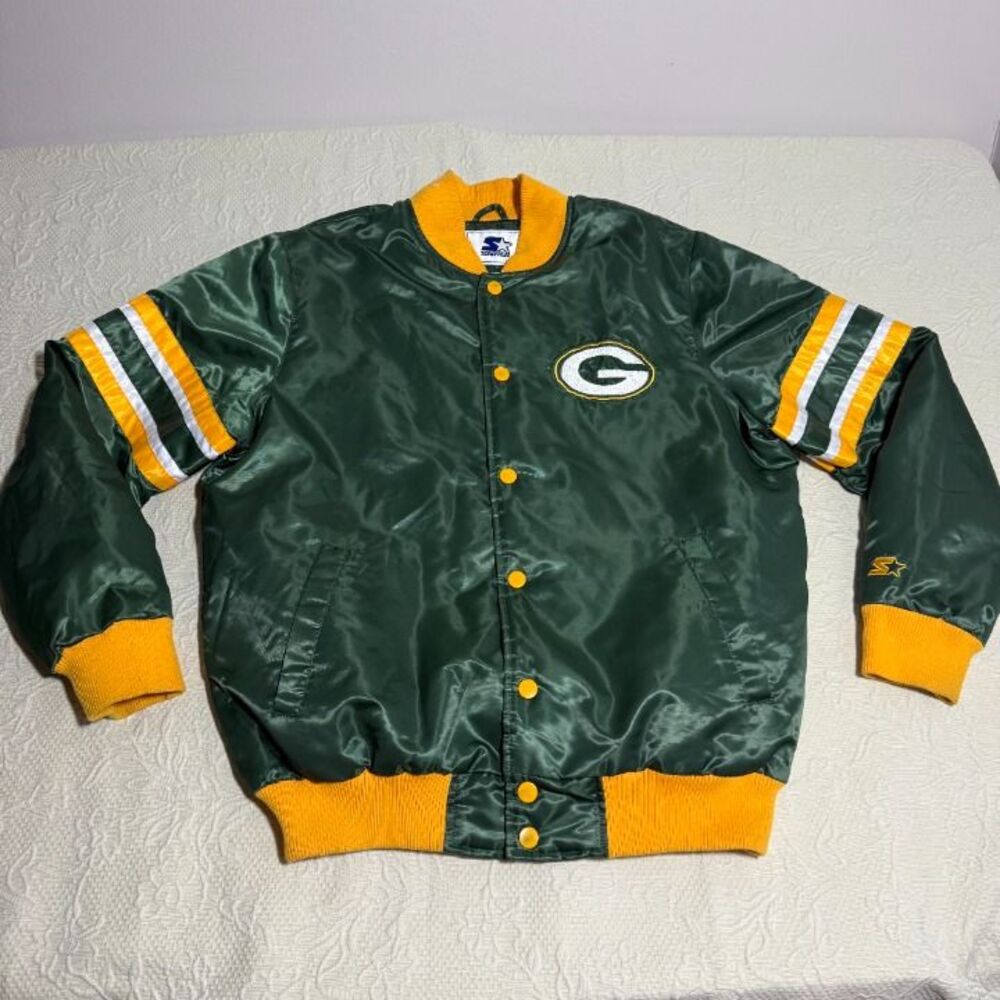 Vintage Starter Green Bay Packers Big Logo Satin Bomber Jacket Size XL